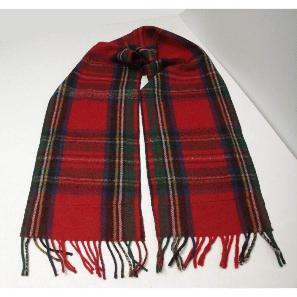 Patrick King Woolen Company Pocket Scarf  Red Tartan Plaid Fringe Merino Wool